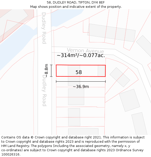58, DUDLEY ROAD, TIPTON, DY4 8EF: Plot and title map