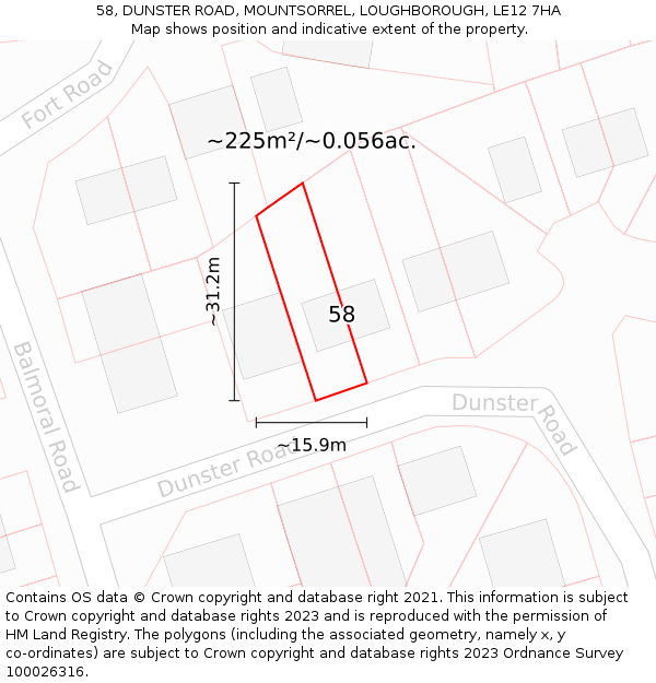 58, DUNSTER ROAD, MOUNTSORREL, LOUGHBOROUGH, LE12 7HA: Plot and title map