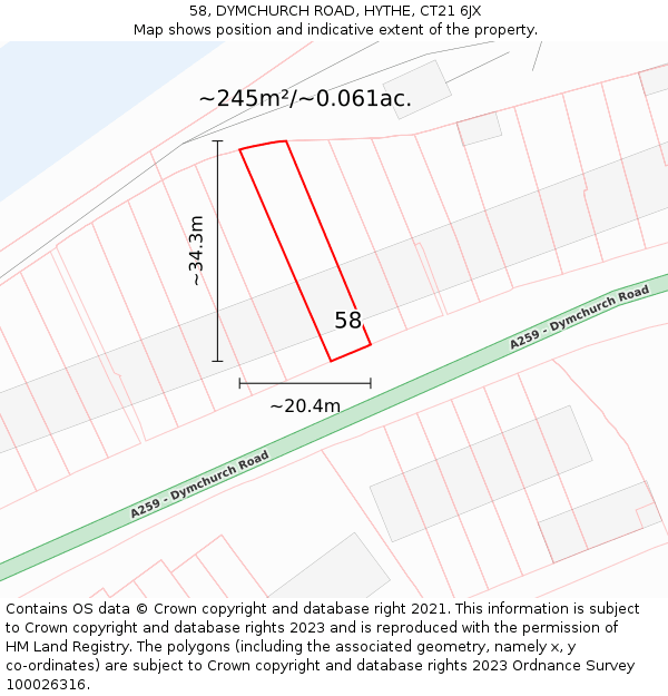58, DYMCHURCH ROAD, HYTHE, CT21 6JX: Plot and title map