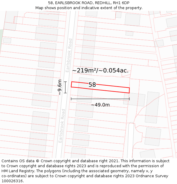 58, EARLSBROOK ROAD, REDHILL, RH1 6DP: Plot and title map