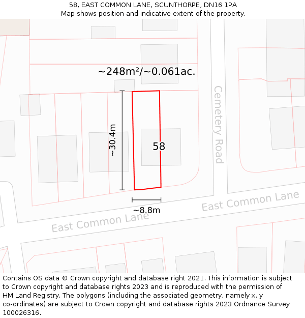 58, EAST COMMON LANE, SCUNTHORPE, DN16 1PA: Plot and title map