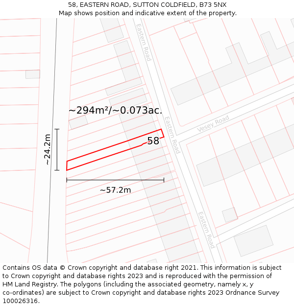 58, EASTERN ROAD, SUTTON COLDFIELD, B73 5NX: Plot and title map