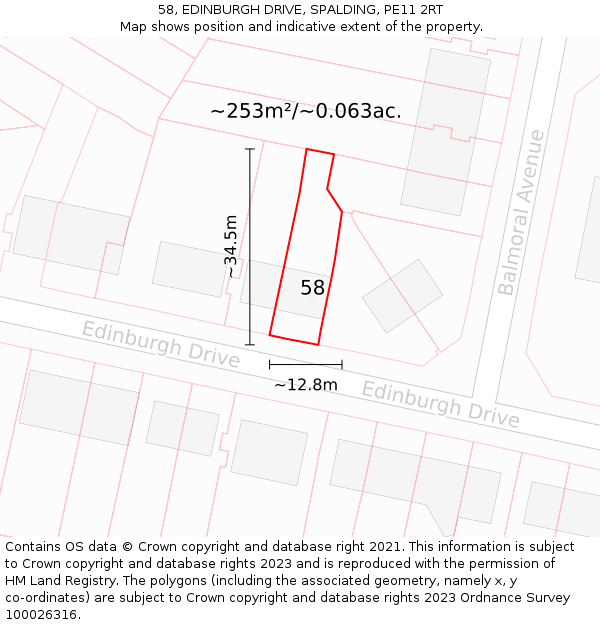 58, EDINBURGH DRIVE, SPALDING, PE11 2RT: Plot and title map