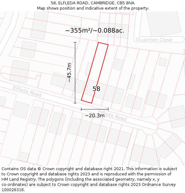 58, ELFLEDA ROAD, CAMBRIDGE, CB5 8NA: Plot and title map