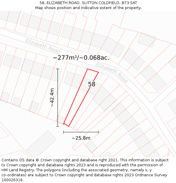 58, ELIZABETH ROAD, SUTTON COLDFIELD, B73 5AT: Plot and title map