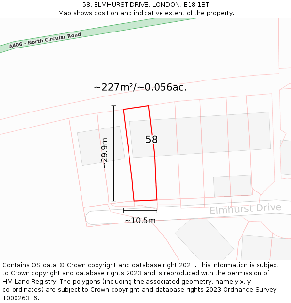 58, ELMHURST DRIVE, LONDON, E18 1BT: Plot and title map