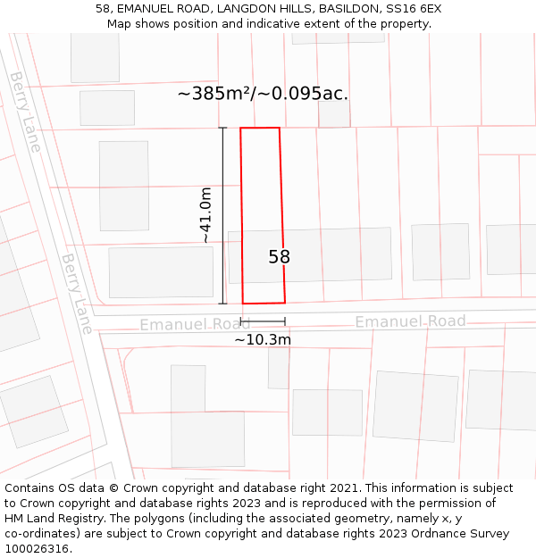 58, EMANUEL ROAD, LANGDON HILLS, BASILDON, SS16 6EX: Plot and title map