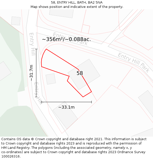 58, ENTRY HILL, BATH, BA2 5NA: Plot and title map