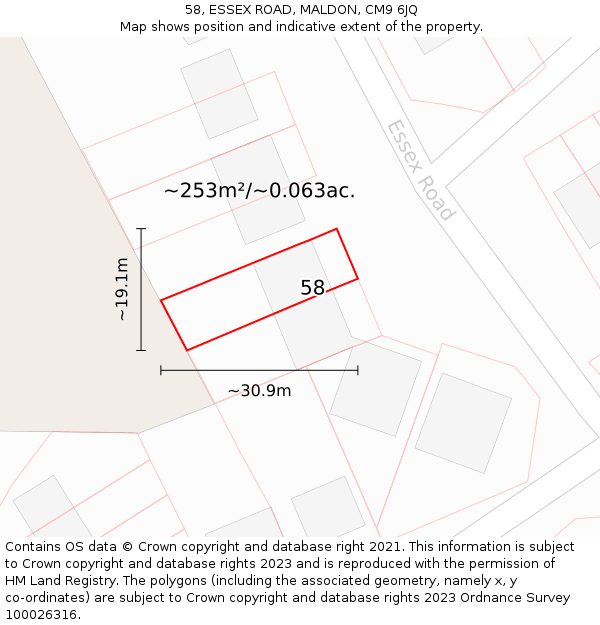 58, ESSEX ROAD, MALDON, CM9 6JQ: Plot and title map