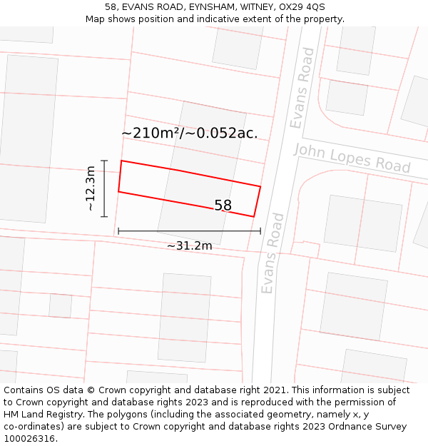 58, EVANS ROAD, EYNSHAM, WITNEY, OX29 4QS: Plot and title map