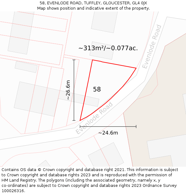 58, EVENLODE ROAD, TUFFLEY, GLOUCESTER, GL4 0JX: Plot and title map