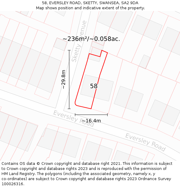 58, EVERSLEY ROAD, SKETTY, SWANSEA, SA2 9DA: Plot and title map