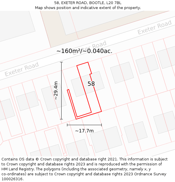 58, EXETER ROAD, BOOTLE, L20 7BL: Plot and title map