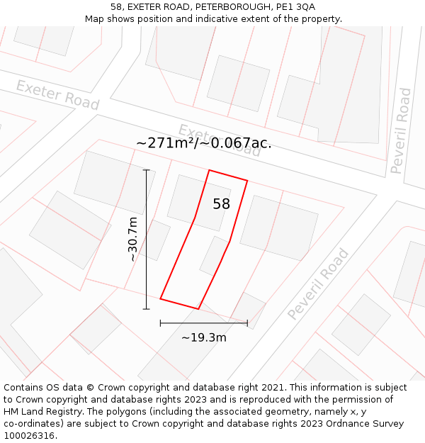 58, EXETER ROAD, PETERBOROUGH, PE1 3QA: Plot and title map