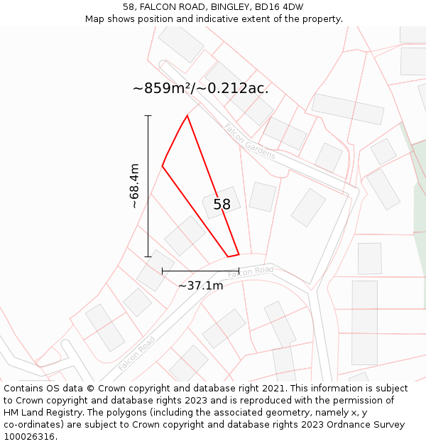 58, FALCON ROAD, BINGLEY, BD16 4DW: Plot and title map