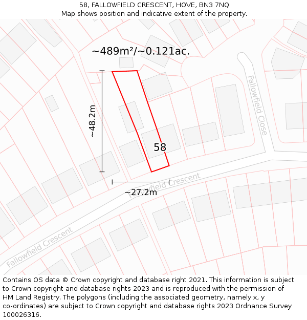 58, FALLOWFIELD CRESCENT, HOVE, BN3 7NQ: Plot and title map