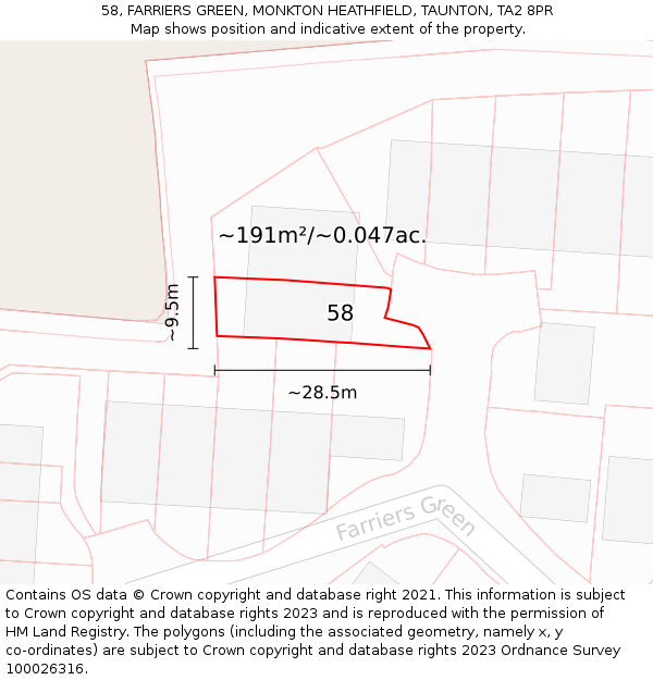 58, FARRIERS GREEN, MONKTON HEATHFIELD, TAUNTON, TA2 8PR: Plot and title map