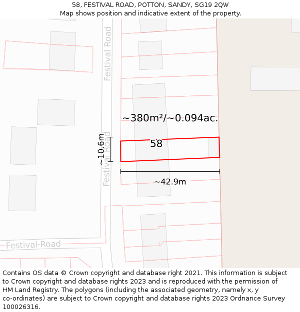 58, FESTIVAL ROAD, POTTON, SANDY, SG19 2QW: Plot and title map