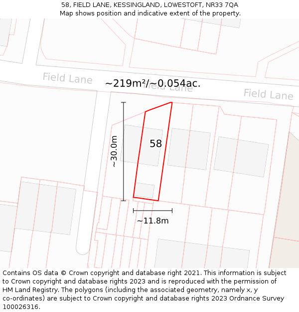 58, FIELD LANE, KESSINGLAND, LOWESTOFT, NR33 7QA: Plot and title map
