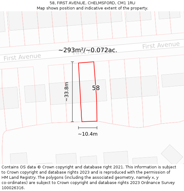 58, FIRST AVENUE, CHELMSFORD, CM1 1RU: Plot and title map