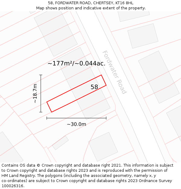 58, FORDWATER ROAD, CHERTSEY, KT16 8HL: Plot and title map