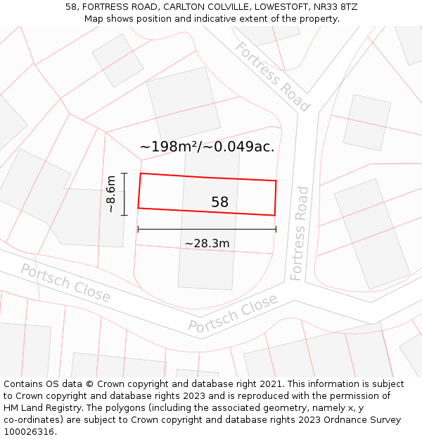 58, FORTRESS ROAD, CARLTON COLVILLE, LOWESTOFT, NR33 8TZ: Plot and title map