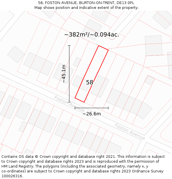 58, FOSTON AVENUE, BURTON-ON-TRENT, DE13 0PL: Plot and title map