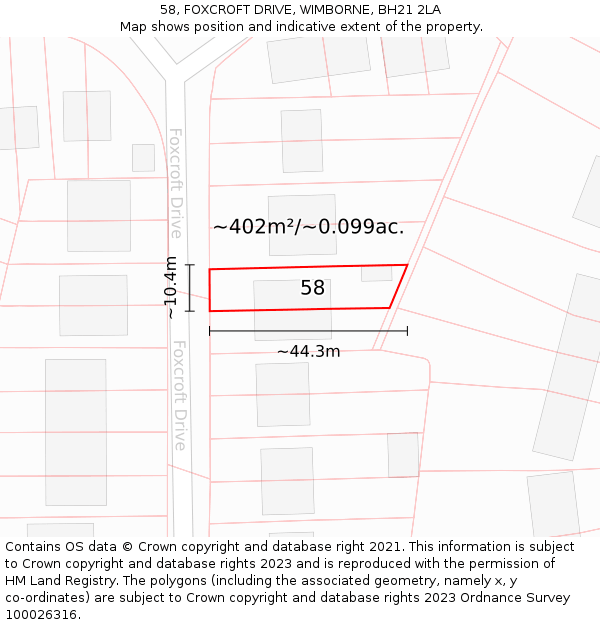 58, FOXCROFT DRIVE, WIMBORNE, BH21 2LA: Plot and title map