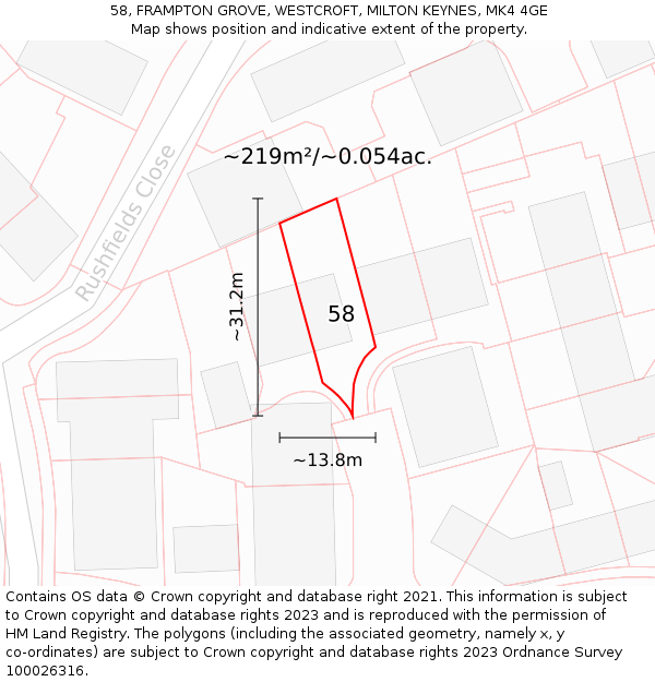 58, FRAMPTON GROVE, WESTCROFT, MILTON KEYNES, MK4 4GE: Plot and title map