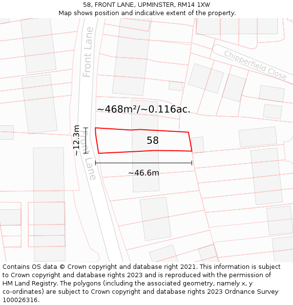 58, FRONT LANE, UPMINSTER, RM14 1XW: Plot and title map