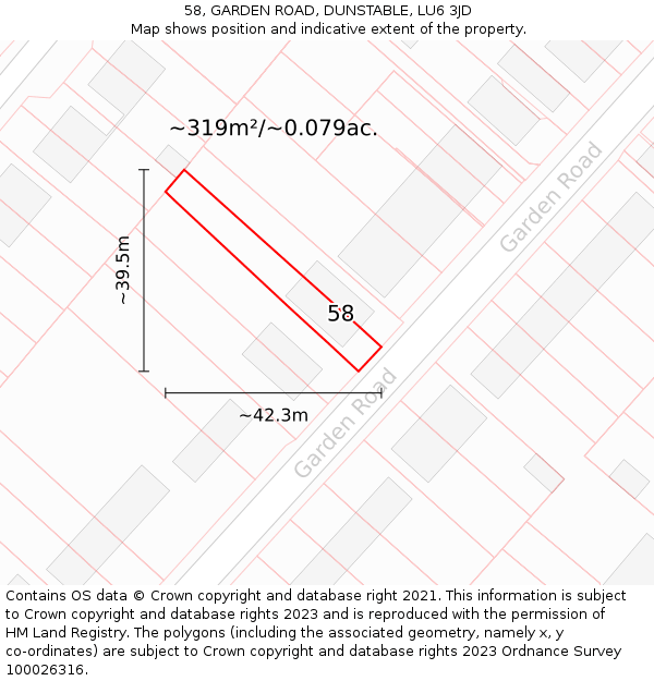 58, GARDEN ROAD, DUNSTABLE, LU6 3JD: Plot and title map