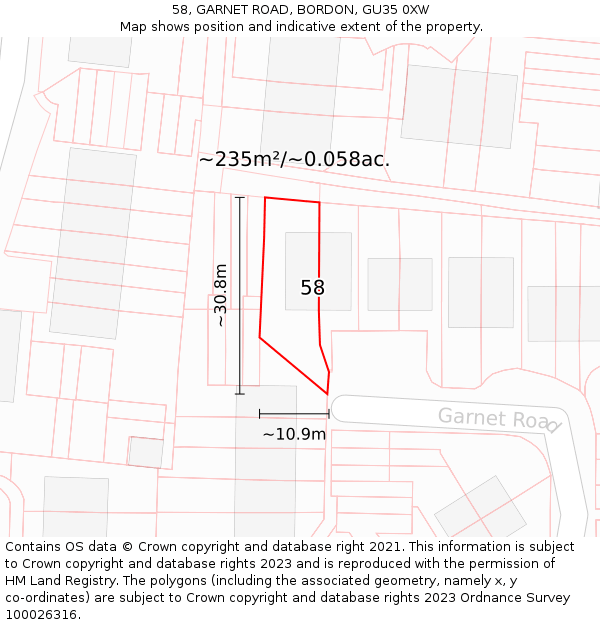 58, GARNET ROAD, BORDON, GU35 0XW: Plot and title map