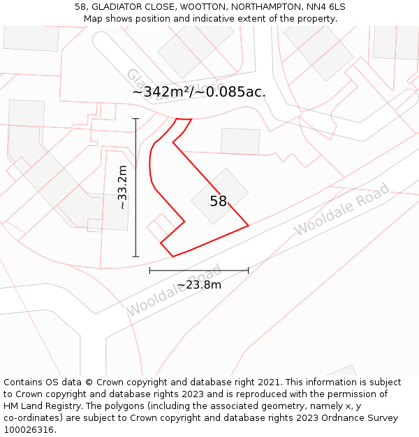 58, GLADIATOR CLOSE, WOOTTON, NORTHAMPTON, NN4 6LS: Plot and title map