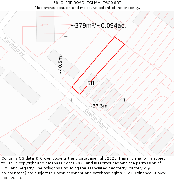 58, GLEBE ROAD, EGHAM, TW20 8BT: Plot and title map