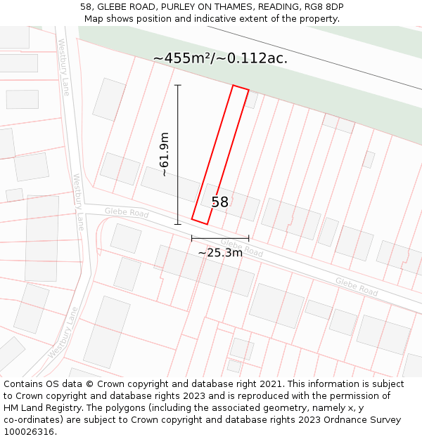 58, GLEBE ROAD, PURLEY ON THAMES, READING, RG8 8DP: Plot and title map