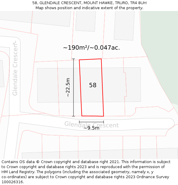58, GLENDALE CRESCENT, MOUNT HAWKE, TRURO, TR4 8UH: Plot and title map