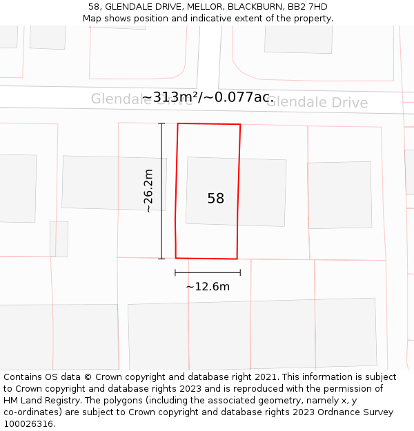 58, GLENDALE DRIVE, MELLOR, BLACKBURN, BB2 7HD: Plot and title map