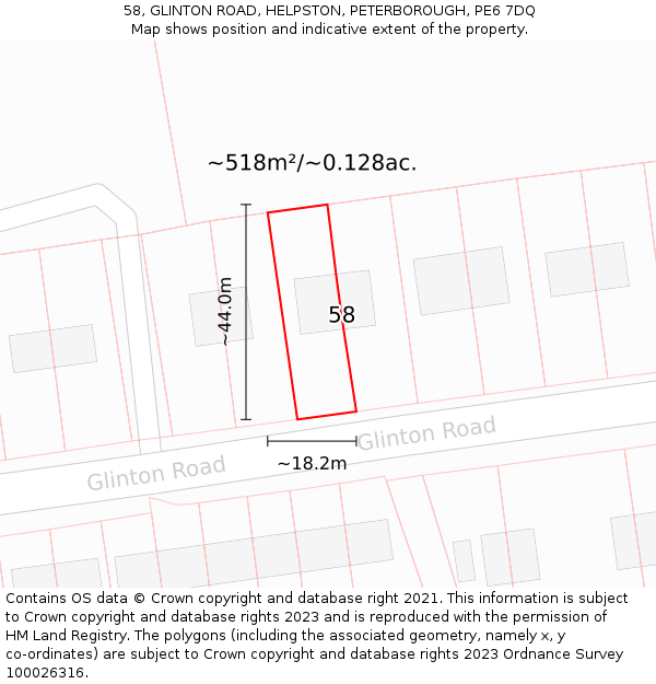 58, GLINTON ROAD, HELPSTON, PETERBOROUGH, PE6 7DQ: Plot and title map