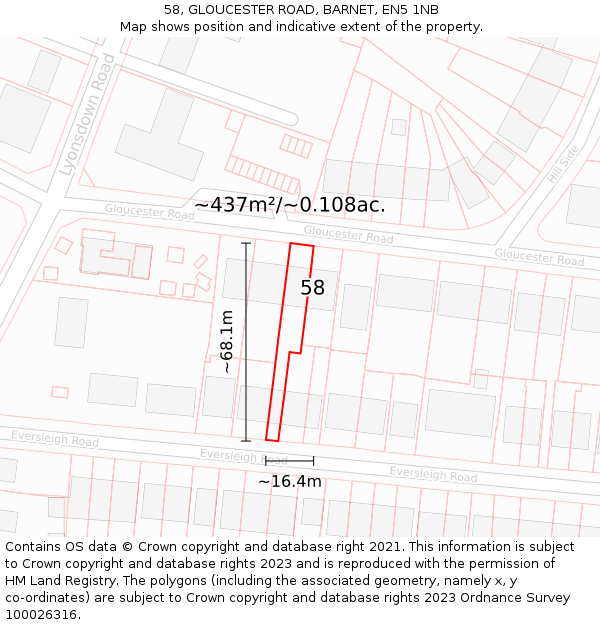 58, GLOUCESTER ROAD, BARNET, EN5 1NB: Plot and title map