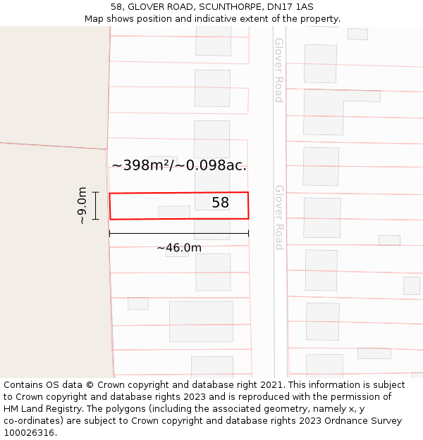 58, GLOVER ROAD, SCUNTHORPE, DN17 1AS: Plot and title map