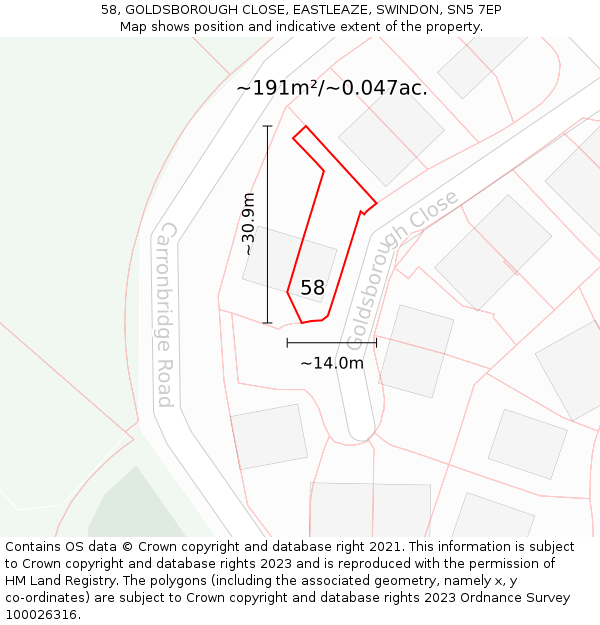 58, GOLDSBOROUGH CLOSE, EASTLEAZE, SWINDON, SN5 7EP: Plot and title map