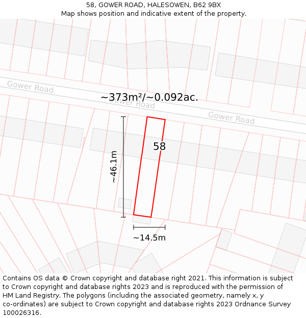 58, GOWER ROAD, HALESOWEN, B62 9BX: Plot and title map