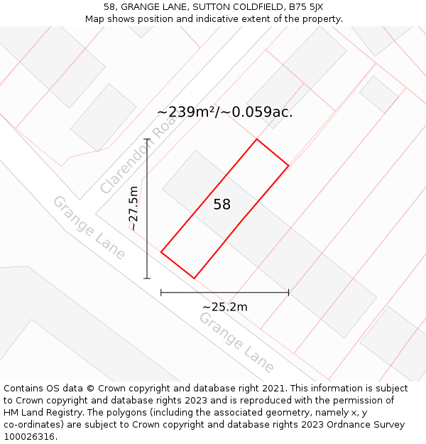 58, GRANGE LANE, SUTTON COLDFIELD, B75 5JX: Plot and title map