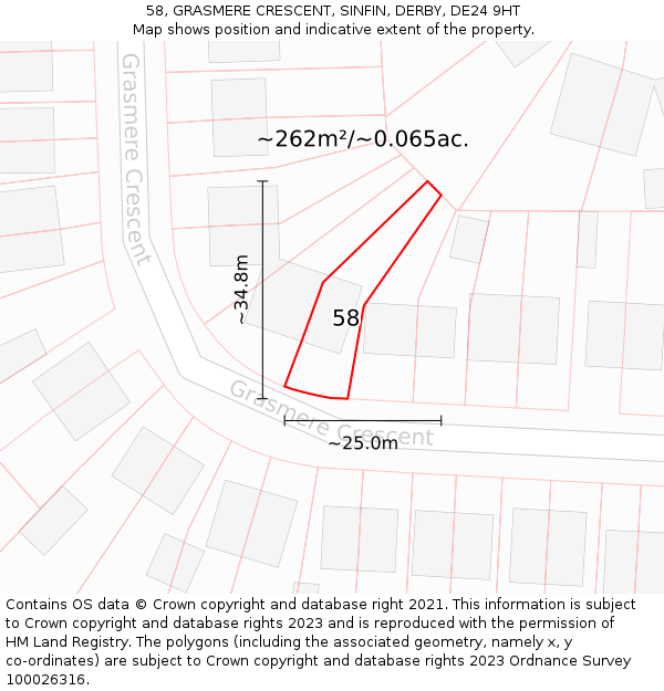 58, GRASMERE CRESCENT, SINFIN, DERBY, DE24 9HT: Plot and title map