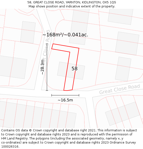 58, GREAT CLOSE ROAD, YARNTON, KIDLINGTON, OX5 1QS: Plot and title map