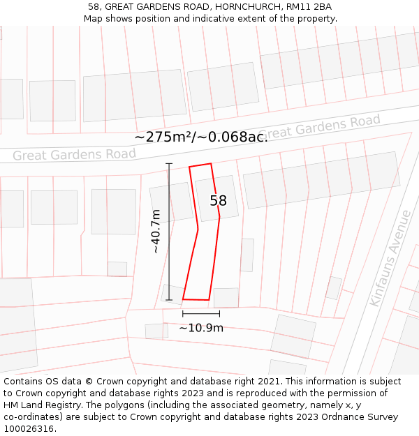 58, GREAT GARDENS ROAD, HORNCHURCH, RM11 2BA: Plot and title map