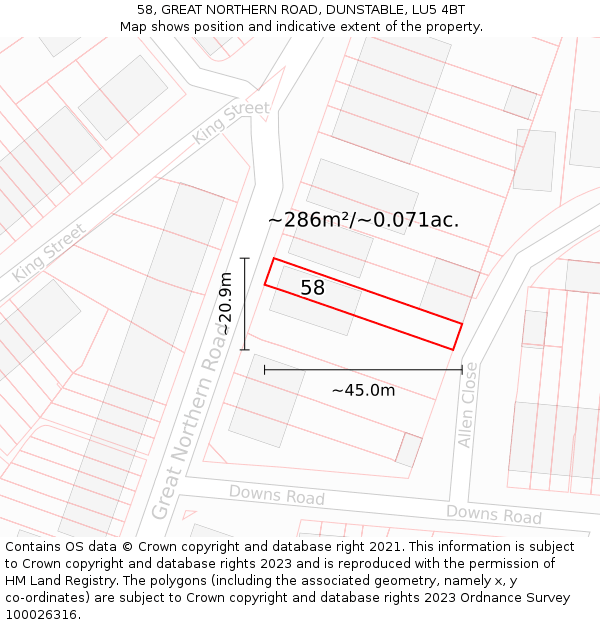 58, GREAT NORTHERN ROAD, DUNSTABLE, LU5 4BT: Plot and title map