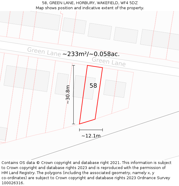 58, GREEN LANE, HORBURY, WAKEFIELD, WF4 5DZ: Plot and title map