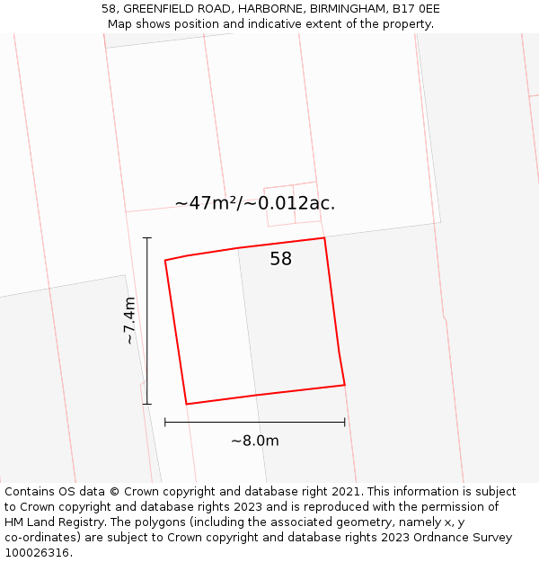 58, GREENFIELD ROAD, HARBORNE, BIRMINGHAM, B17 0EE: Plot and title map