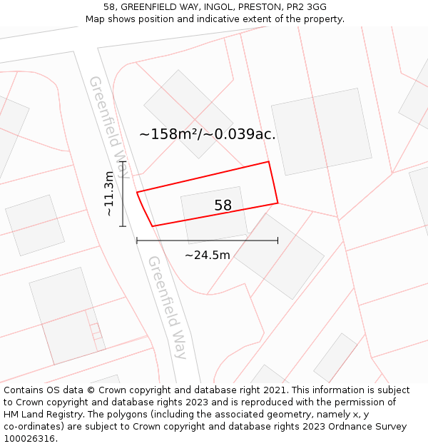 58, GREENFIELD WAY, INGOL, PRESTON, PR2 3GG: Plot and title map
